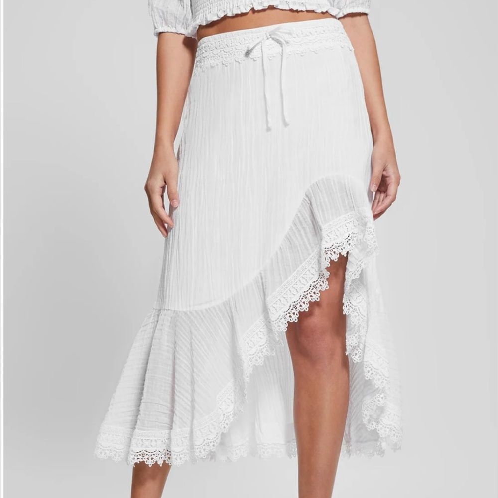 🆕🥥 Guess White Boho Asymmetrical Midi Skirt Lace Trim Crinkle Wrap Style Size XL